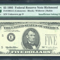  1995年美国伍圆错体，编号及印章漏印，PMG66EPQ United States, Federal Reserve Note Richmond, ERROR $5, 1995, serial nu