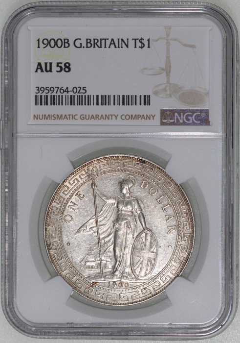  1909B英国贸易银元，NGC AU58，带吸引金蜜色调包浆，#3959764-025 Great Brtiain, Trade Dollar, $1, 1909B, NGC AU58. Lovely
