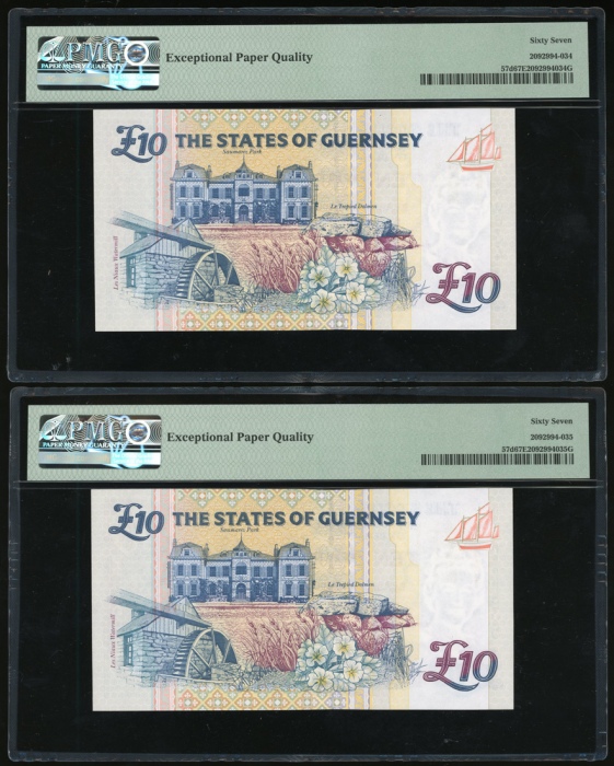  1995年根西拾镑两枚连号，编号F600634-35，均PMG67EPQ（2） Guernsey, a consecutive pair of £10, ND(1995), serial number