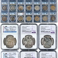  1885年-1928年法属安南坐洋1比塞塔银币共34枚大全套，内含1885、1890、1893、1910、1928等罕见年份及所有加重版，集齐全套殊为不易，均状态自然，品相不一，均为NGC、CNCS、