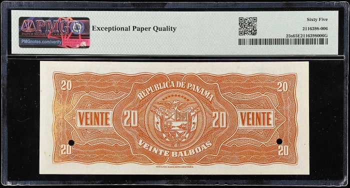  1941年巴拿马中央银行20巴尔博亚 PMG Gem Unc 65 EPQ PANAMA. Banco Central de Emision de la Republica de Panama