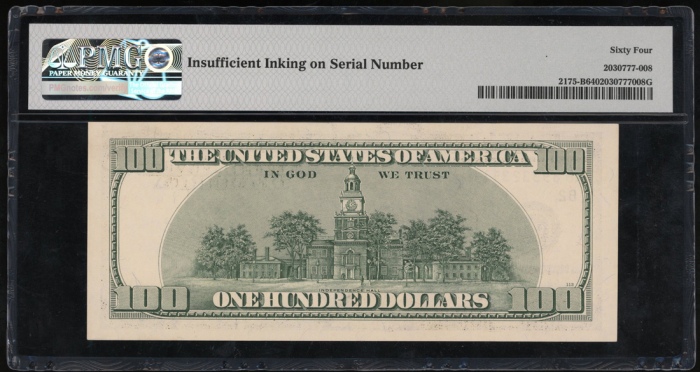  1996年美国一佰圆错体，编号油墨不足，编号AB89332351H，PMG64 United States, Federal Reserve Note New York, $100, ERROR NO