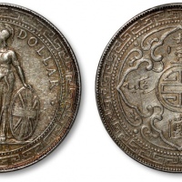  1902年香港不列颠尼亚女神站像壹圆银币一枚，整体清晰，深金色五彩包浆，金盾PCGS XF Detail（87121445）