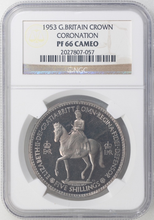  1953年英国克朗精铸币，NGC PF66，#2027807-057 Great Britain, proof crown, 1953, Coronation of Queen Elizabeth I