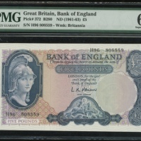  1961-63年英国伍镑，编号H96 808559，PMG67EPQ Great Britain, Bank of England, £5, ND(1961-63), serial number H9