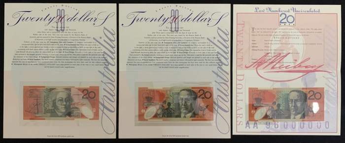 1994-96年澳大利亚一组八枚细编号纸币,含原销售套装,均UNC(8) Australia, Reserve Bank of Australia, a group of 8 notes, consi 1994-96年澳大利亚一组八枚细编号纸币,含原销售套装,均UNC(8) Australia, Reserve Bank of Australia, a group of 8 notes, consi
