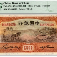  民国二十四年（1935年）中国银行马耕地壹圆，天津地名，宋汉章·卞寿孙签名，色彩纯正，海外资深藏家出品，九八成新