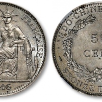  1946年法属安南自由女神坐像50分银币签字版样币一枚，打制规范深峻，细节清晰分明，底版平滑光洁，光泽旋转柔亮，状态上佳，NGC MS65（3594857-004）
