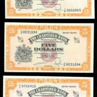  渣打银行纸钞一组8枚，包括1962及1967年5元五枚；1962年10元两枚；1977年100元一枚；其中一枚5元VF品相，100元EF品相，曾压纸，其他平均UNC品相 Chartered Bank,