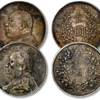  民国九年袁世凯像壹圆银币共二枚，其中一枚精发，整体清晰，深灰色老包浆，状态自然，均为金盾PCGS XF Detail（88102412、88103062）