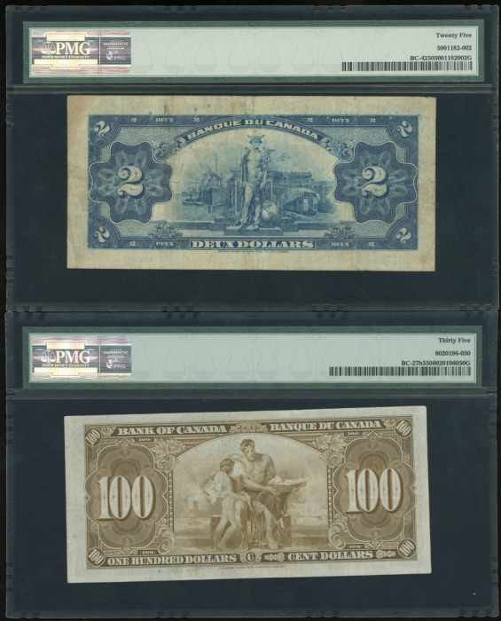  加拿大纸币一组三枚，包含1935年法文版贰圆及1937年一佰圆，金PMG25-35（3） Banque du Canada, $2, 1935, "French", serial number F74