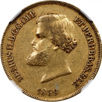  1859年巴西10000雷亚尔金币 NGC AU 55 BRAZIL. 10000 Reis, 1859