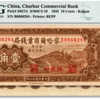  民国廿四年（1935年）察哈尔商业钱局壹角，纸张白净，色彩明丽，江南资深藏家出品，全新