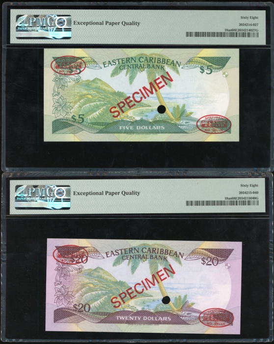  1986-88年东加勒比伍、贰拾圆样票一组两枚，编号A000000A，均PMG68EPQ（2） Eastern Caribbean Central Bank, a pair of $5 and $20