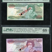  1986-88年东加勒比伍、贰拾圆样票一组两枚，编号A000000A，均PMG68EPQ（2） Eastern Caribbean Central Bank, a pair of $5 and $20