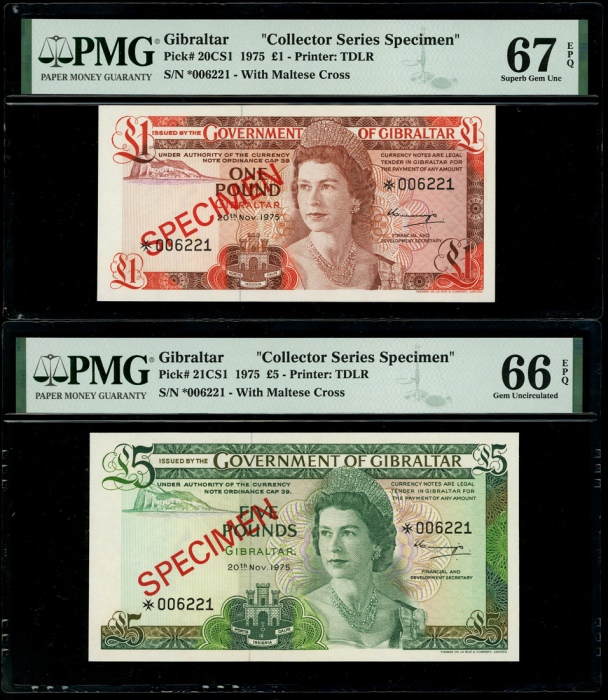  1975年直布罗陀一、伍、拾及贰拾镑样票一组四枚，编号均*006221，PMG65EPQ-67EPQ（4） Gibraltar, set of 4x specimens for £1, £5, £10