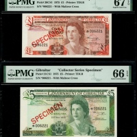  1975年直布罗陀一、伍、拾及贰拾镑样票一组四枚，编号均*006221，PMG65EPQ-67EPQ（4） Gibraltar, set of 4x specimens for £1, £5, £10