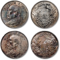  民国九年袁世凯像壹圆银币共二枚，整体清晰，五彩包浆，均为金盾PCGS XF Detail（87564468、87564578）