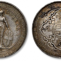  1910年香港不列颠尼亚女神站像壹圆银币一枚，整体清晰，厚重灰色老包浆，带底光，金盾PCGS AU Detail（87121442）