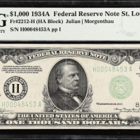  1934A1000美元圣路易斯 PMG  AU 53 1934A $1000 Federal Reserve Note