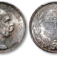  奥匈·匈牙利1915年皇帝“弗朗茨约瑟夫一世像”1科罗纳银币一枚，打制规范深峻，浮雕感强烈，细节分明，五彩包浆，底光丝滑柔亮，状态一流，品相顶级，金盾PCGS MS66（80967229）为此公司此品