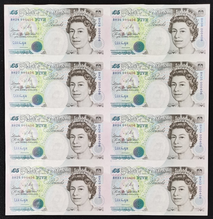  1996年英国伍镑八连体纪念钞，同编号00406，发行量5000册，带原册，UNC Bank of England, Great Britain, a sheet of 8x £5, ND (1996