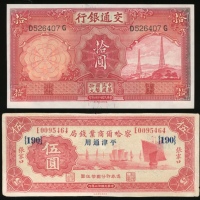  民国时期纸币4枚一组，包括民国二十二年察哈尔商业钱局伍圆，交通银行民国三年伍圆及民国二十四年伍圆及拾圆，EF或更好