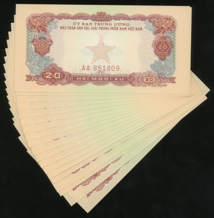  1963年越南南方民族解放阵线贰拾分一组二十枚，未发行，均UNC（20） South Vietnam, a group of 20x 20 xu, ND(1963), various consecut
