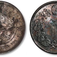  日本明治三十六年一圆银币一枚，打制规范，底版平滑光洁，深灰色五彩包浆，底光丝滑闪亮，近未至完全未使用品