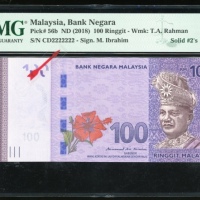  2018年马来西亚拾令吉，幸运编号CD2222222，PMG66EPQ Bank Negara Malaysia, 10 ringgit, ND (2018), serial number CD222