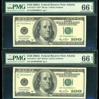  2006年美国一佰圆一组两枚补版，编号KF00299640*-299641*，均PMG66EPQ（2） United States: Federal Reserve Note, a pair of $