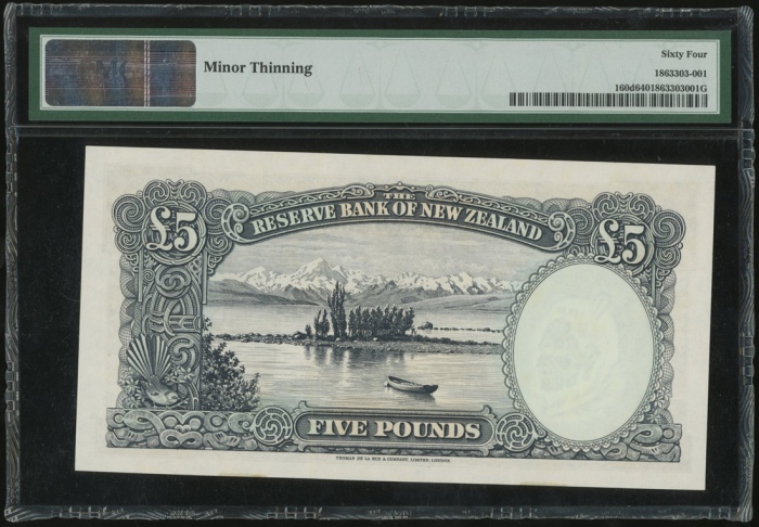  1960-75年纽西兰伍镑，编号12L970727，PMG64，微揭薄 New Zealand, Reserve Bank, 5 Pounds, ND (1960-75), serial number
