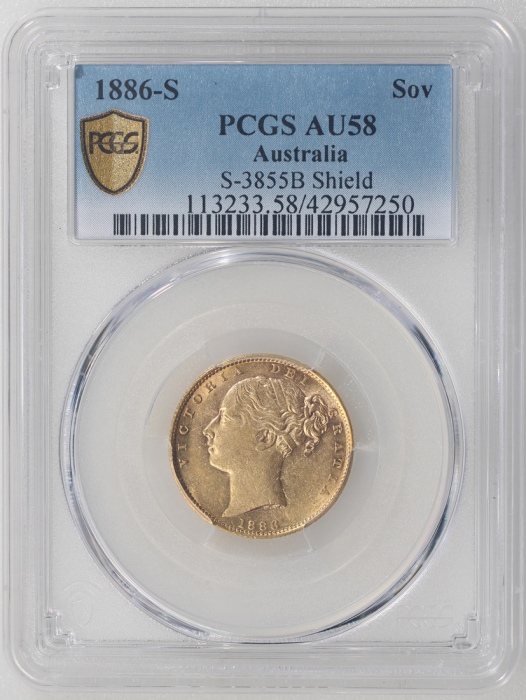  1886-S澳洲索维林金币，PCGS AU58，#42957250 Australia, gold sovereign, 1886-S, shield on reverse,(S-3855B), PC