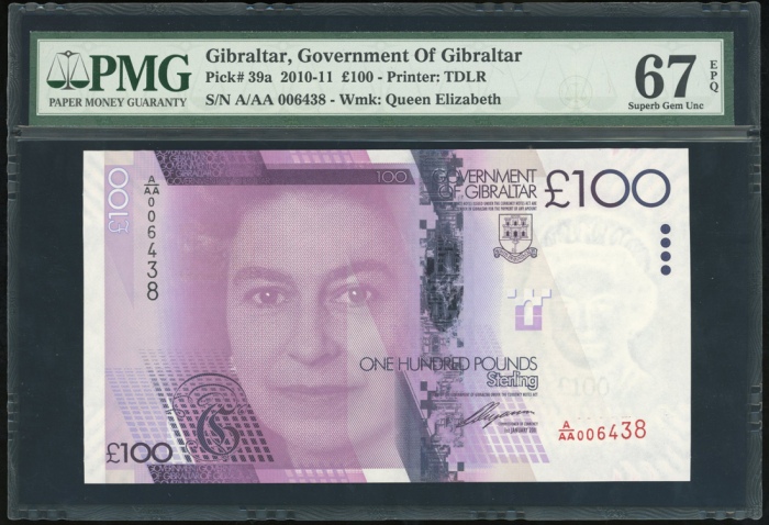  2011年直布罗陀一佰镑，编号A/AA 006438，PMG67EPQ Gibraltar, £100 pounds, 2011, serial number A/AA 006438, (Pick 3