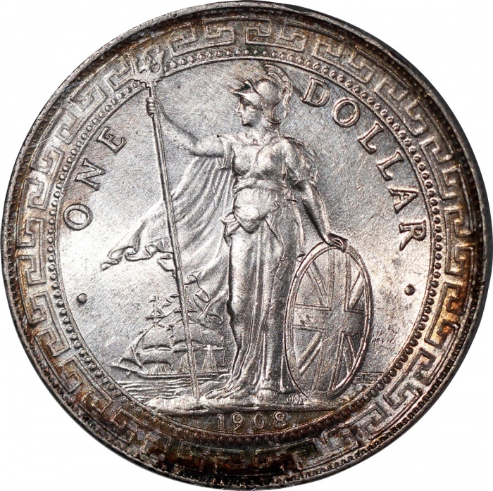  1901-B及1908-B英国贸易银元2枚一组，分别PCGS UNC Detail币边有损及ACCA MS64，#41913608及A1040528 Great Britain, a pair of 