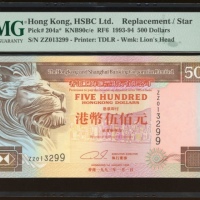  1993年香港上海汇丰银行500元补版，编号ZZ 013299，PMG 68EPQ，最高分3枚之一 HongKong and Shanghai Banking Corporation Limited,
