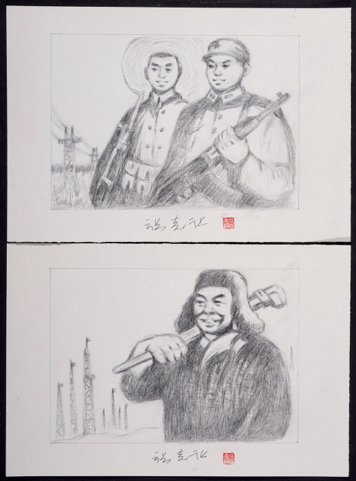  剪纸图红绿邮资封手图案绘稿一组二件