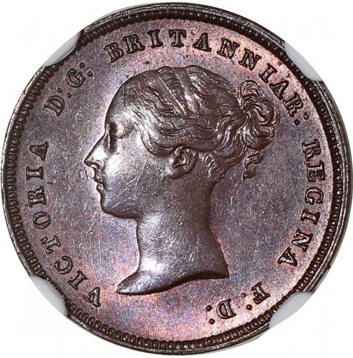  1844年英国1/2法新2枚一组，分别评NGC AU58BN及MS64BN，#6469567-006及005 Great Britain, a pair of copper 1/2 farthing,