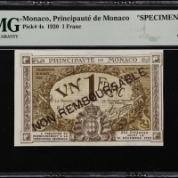  1920年摩纳哥1法郎 PMG Choice Unc 63 MONACO. Principaute de Monaco. 1 Franc