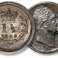  英国1834年威廉四世国王像1便士、1843年维多利亚女王像1.1/2便士银币共二枚，打制规范深峻，细节清晰，镜面底版，原味黄油包浆，状态上佳，分别为金盾PCGS PL62、MS63（86716486