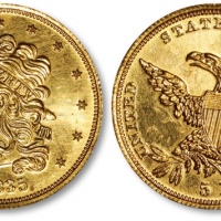  美国1835年5美元金币一枚，罕见，打制极为深峻利落，币边高挺，图案文字饱满峭拔，浮雕感十分强烈，镜面底版，平滑光洁，光泽熠熠生辉，状态极佳，完全未使用品