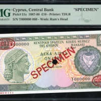  1987年赛普勒斯拾镑样票，编号T000000，PMG67EPQ Central Bank of Cyprus, specimen £10, 1987, serial number T000000, 