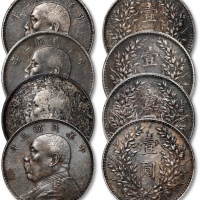  民国三年袁世凯像壹圆银币共四枚，整体清晰，醇厚深酱彩老包浆，海外回流，均为金盾PCGS XF Detail（87564466、87564402、87564400、87564460）