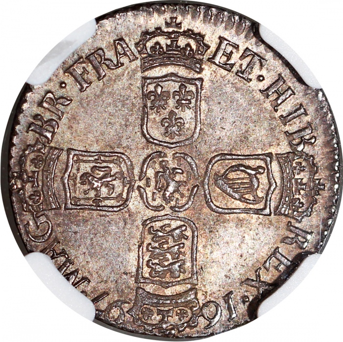  英国钱币6枚一组，包括1697, 1697B, 1697Y及1700年6便士银币，1700年1先令银币，及1969E1/2克朗银币，分别评NGC AU58，AU58，XF45，MS63+，MS62及V