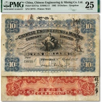  1902年开平矿务有限公司拾元，此为流通票，颇为少见，正背面均有背书，状态自然，资深藏家出品，七成新