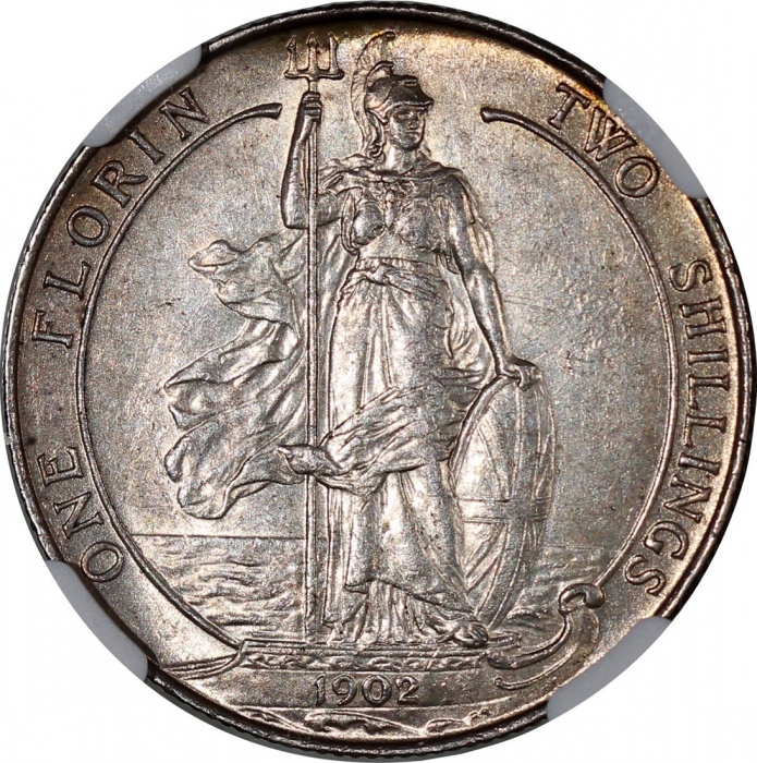  1902年英国2先令银币，NGC AU58，#6469742-014 Great Britain, silver 2 shillings, 1902, NGC AU58, #6469742-014.