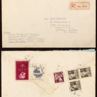  1958年西藏江孜寄印度挂号航空封，西式封背贴普8-1分一枚，50分三枚，纪49-8分，纪58-4分各一枚，计邮资163分