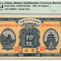  民国十二年（1923年）财政部平市官钱局当拾铜元拾枚，京兆地名，纸张硬挺，色彩浓艳，九八成新