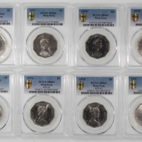  香港5元8枚一组，包括3x 1976, 3x 1978及2x 1979，均评 PCGS MS64，#39853650, 37574004, 39853654, 37573997, 39853660, 
