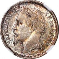  1868A法国1法郎银币，NGC MS61，#5904377-047 France, silver franc, 1868A, NGC MS61, #5904377-047.